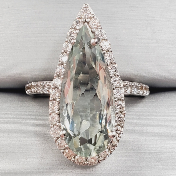 Montezuma Prasiolite & White Zircon Pear Shape Halo Ring in Platinum | Sterling
